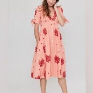 Pink Chicken Pink Midi Dress with Red Floral Embroidery